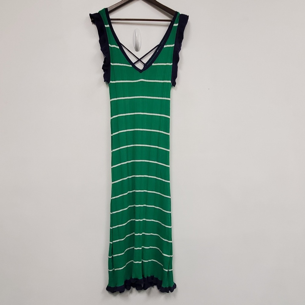 Daily Practice Womens Plunge V Neck Ribbed Maxi Dress Size M Green Striped Prep